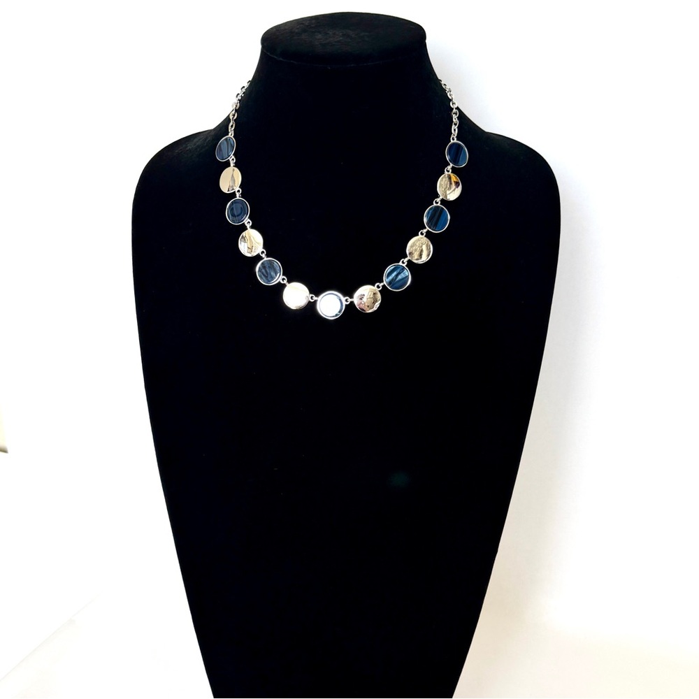 CHICO’s | NWT | Silver & Marbleized Navy Enamel Dot Necklace & Earring Set ✨ - Picture 3 of 9